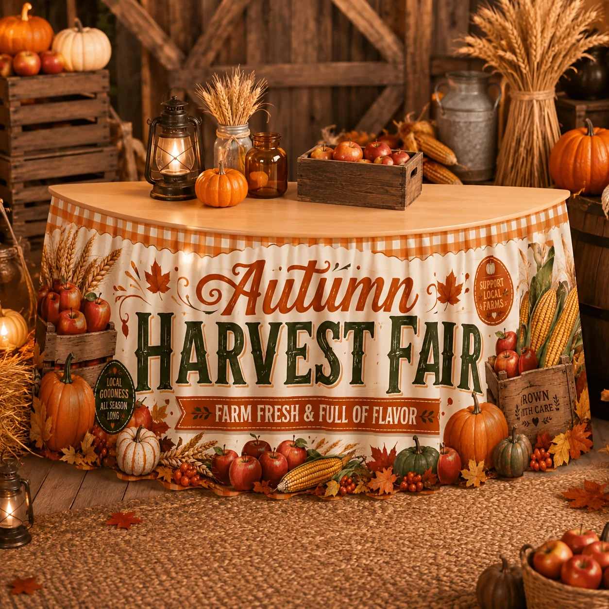 A vintage autumn harvest table skirt that is suitable for Christmas weddings, Halloween and Thanksgiving.xzj