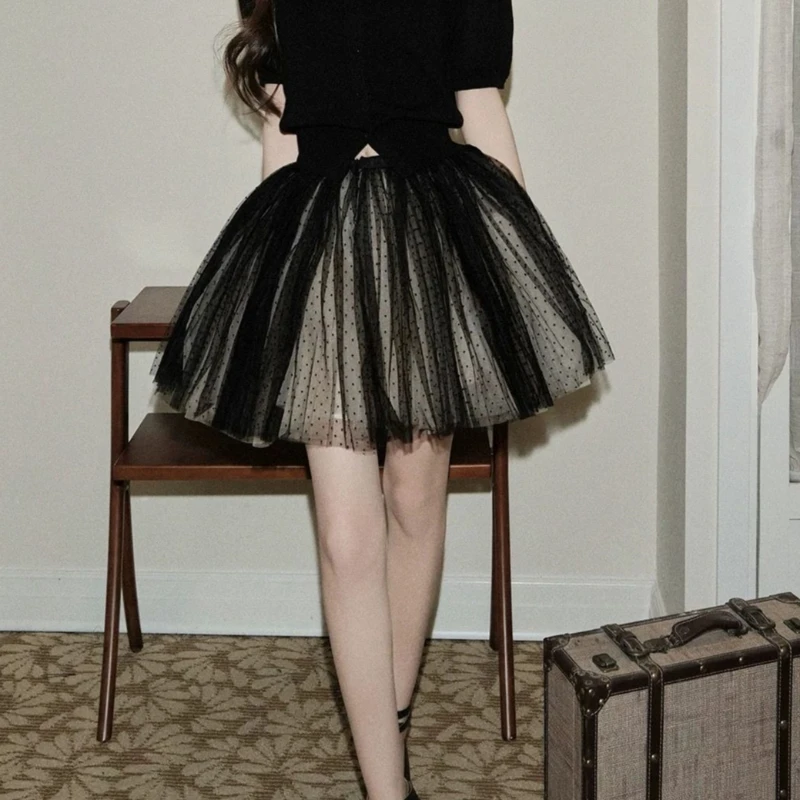 Elegant Balletcore Princess Polka Dot Tulle A Line High Waist Tutu Mini Skirt Women Black Apricot Summer Daily Wear Party Outfit