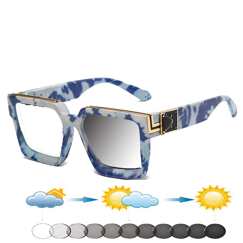 White Blue Ceramic Color Rectangular Outdoor Trend Square Photochromic Reading Glasses +0.75 To +4