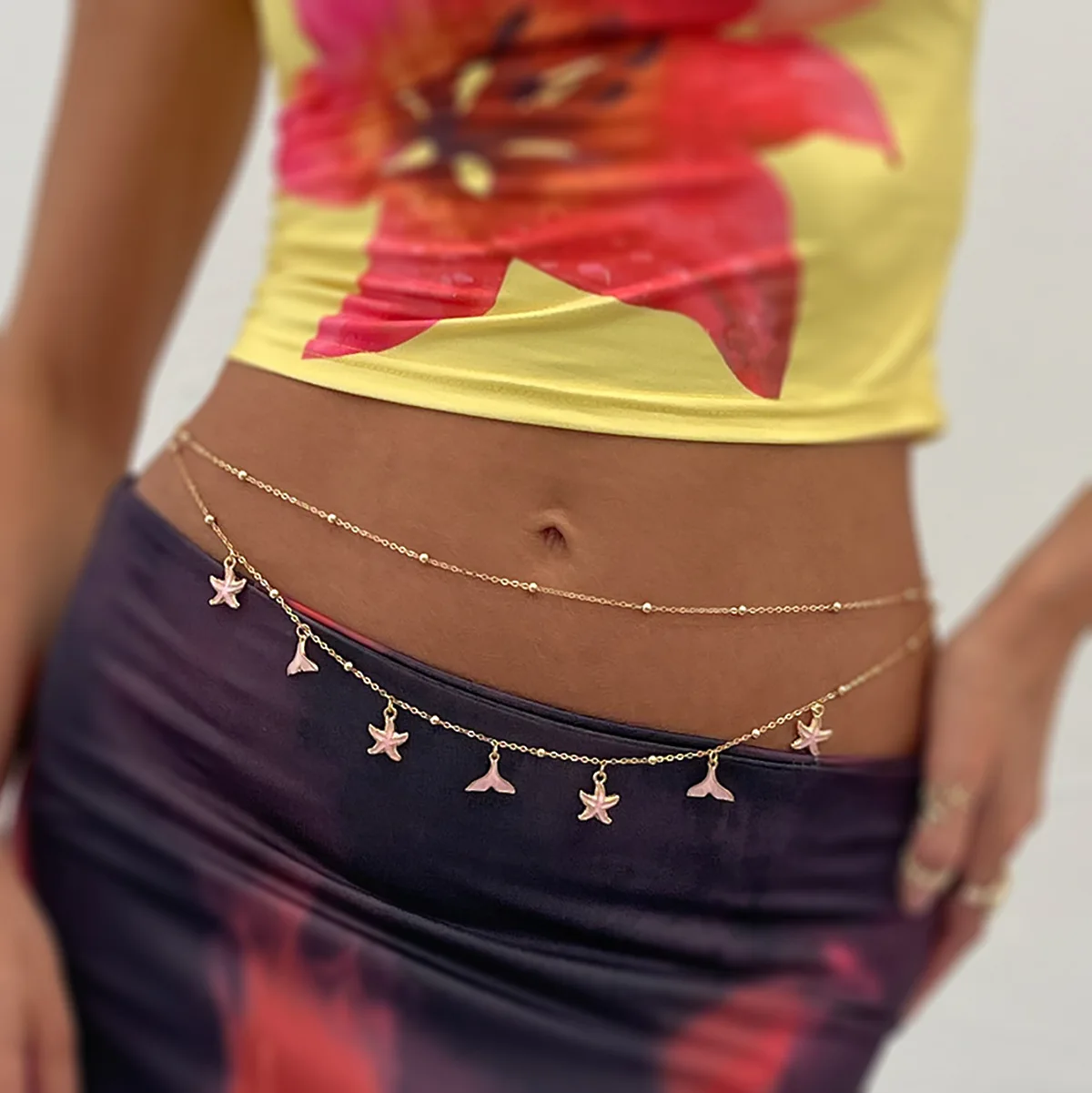 Body Chain with Starfish Pendant and Fish Tail Tassel Layered Design for Resort Commute Sturdy Silver Metal Women