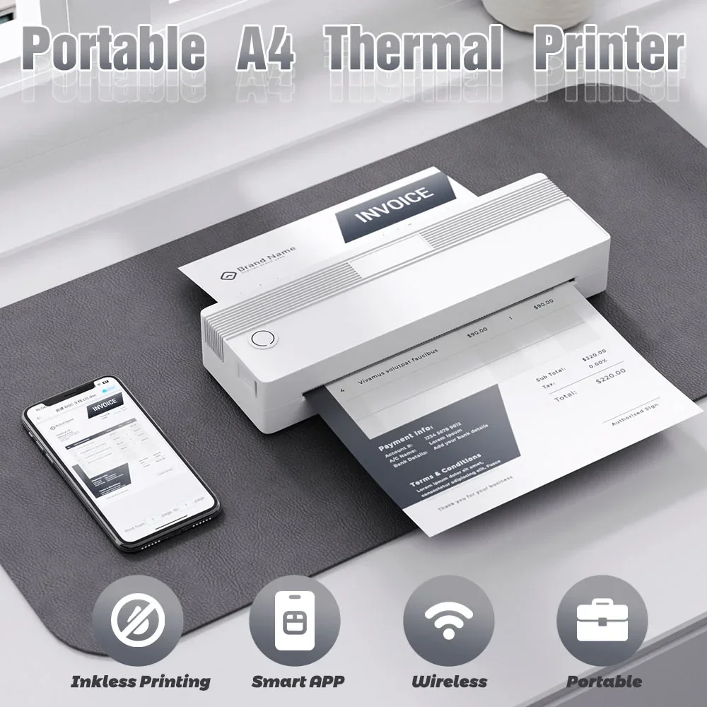 Professional 8 Inch Durable No Ink Mini A4 Portable Printer Wireless Mobile Thermal Printer Mini A4 Inkless Printer High Quality