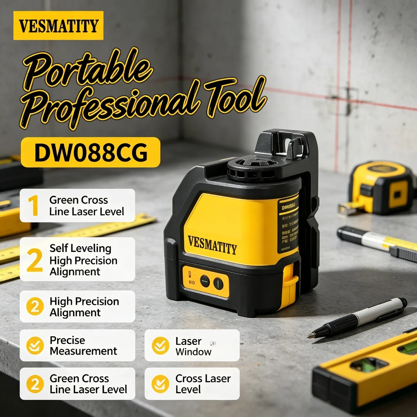Vesmatity DW088CG Green Cross Line Laser Level – Self Leveling High Precision Alignment Tool for Construction & Layout