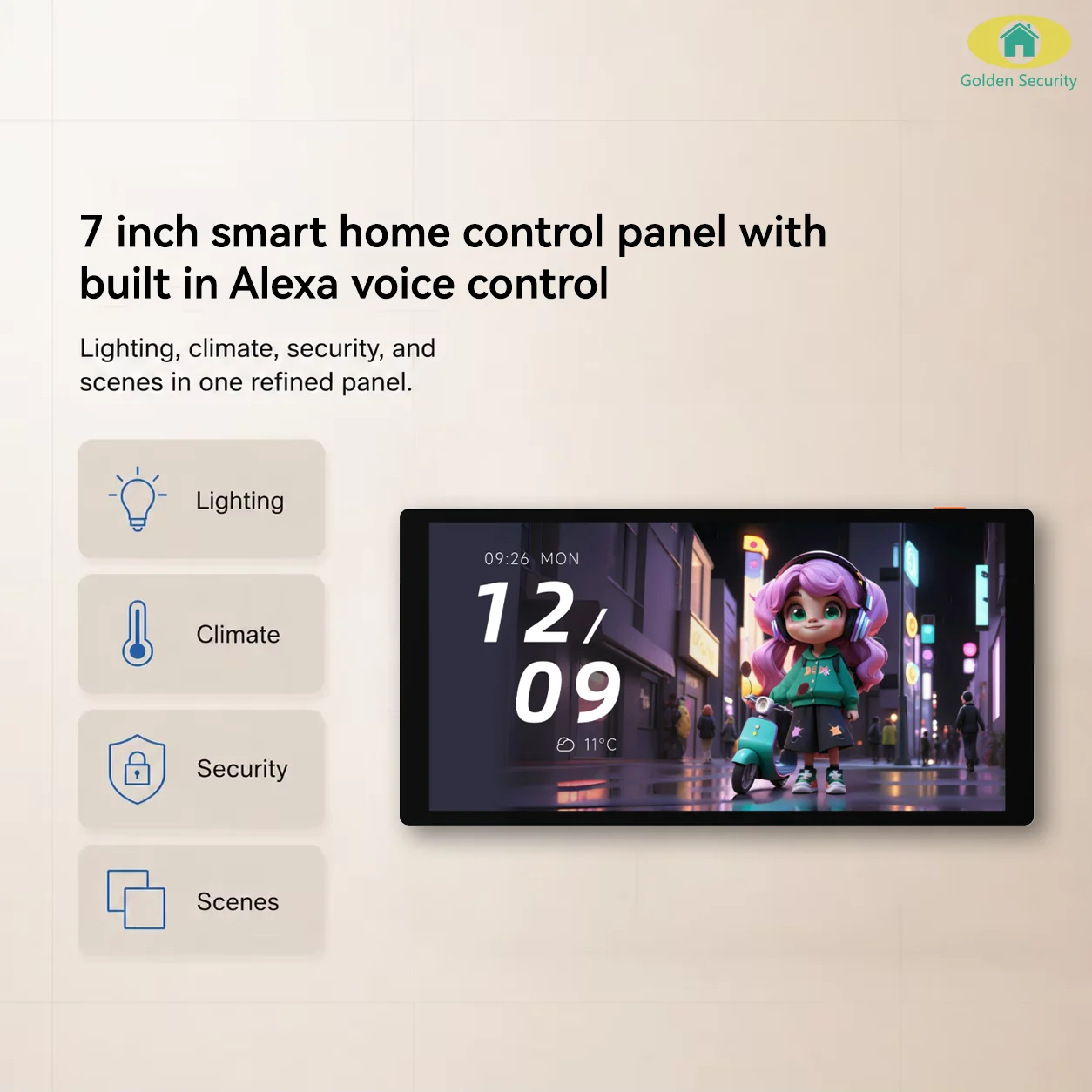 Golden Security 7 Inch Smart Screen Panel With Built In Alexa Voice Control IR Blaster 7 Pro Universal Rotation Tuya APP