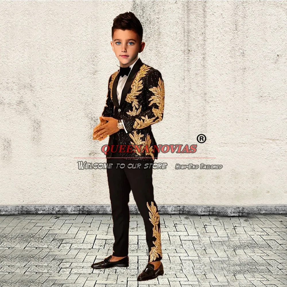 Boy's 2 Pieces Suits Sparkly Gold Appliques Blazer Pants Sets Formal Children Wedding Tuxedos Tailor Made Kids Fashion Clothing