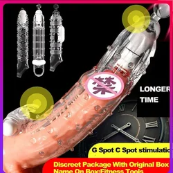 Reusable Penis Sleeve Silicone Condoms with Vibrator Cock Extender Enhancer Enlargement G Spot Clit Stimulator Sex Toys for Men