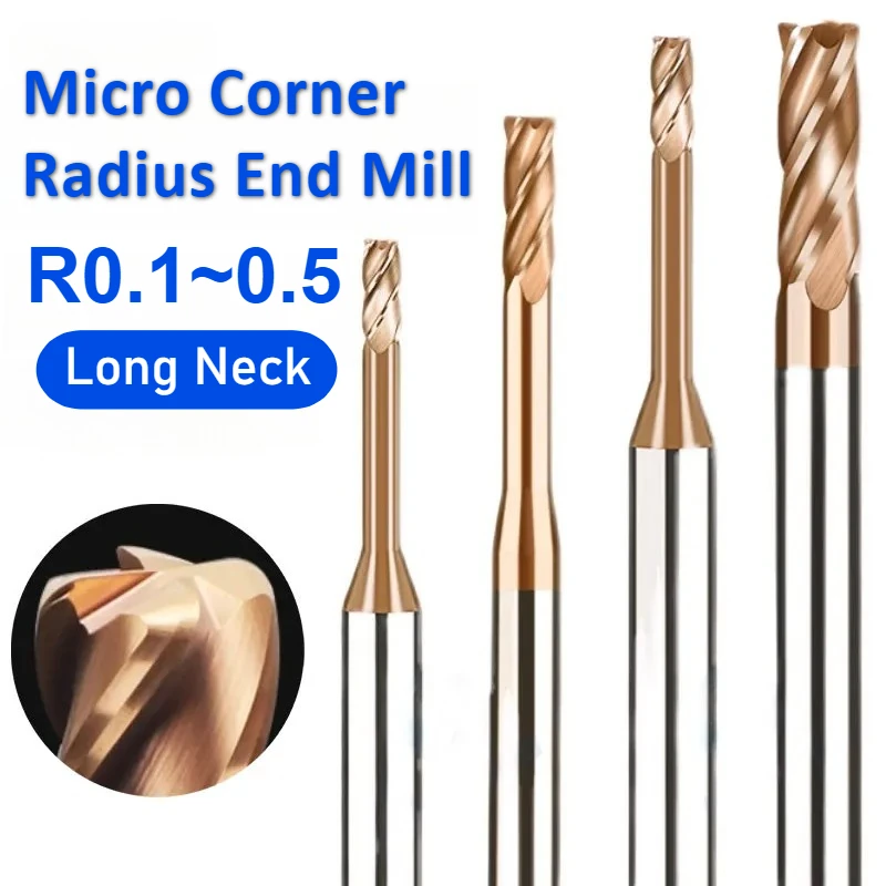 

Концевая фреза с микроугловым радиусом и длинной горловиной 1 мм 1,5 мм 2 мм R0.1 R0,5 Мини-карбидный режущий инструмент с ЧПУ