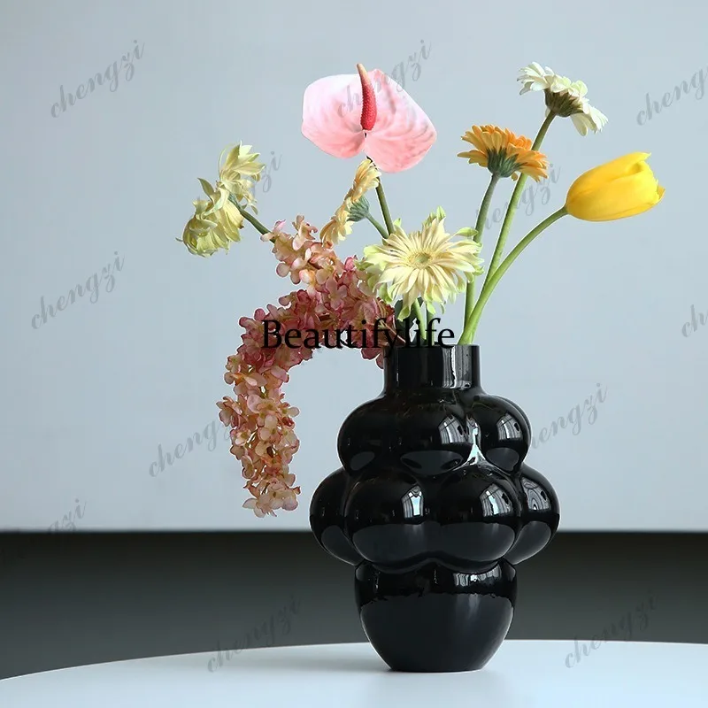 Black grape-shaped hydroponic glass vase, home high-end living room dining table decoration flower ware