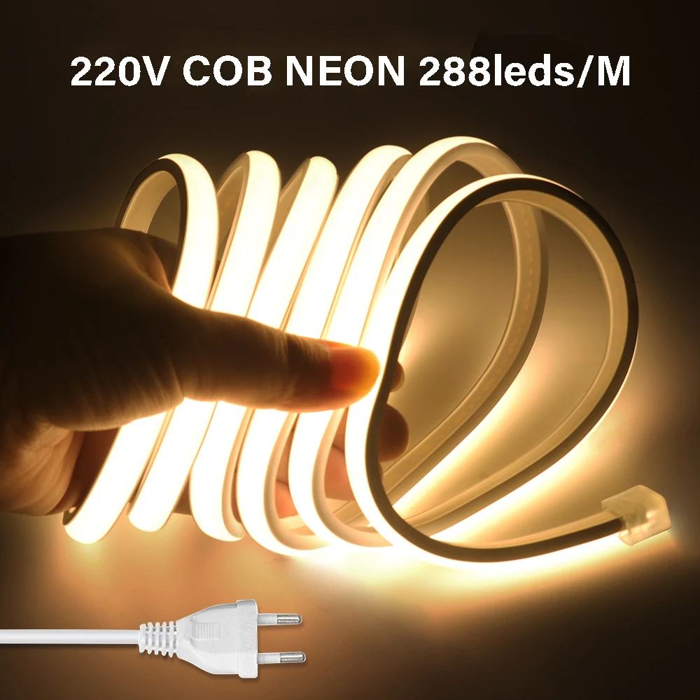 

COB LED Neon Strip Light 220V 288LEDs/m CRI RA90 Flexible Outdoor LED Tape With ON OFF Switch Dimmer for Kitchen Garden Lighting