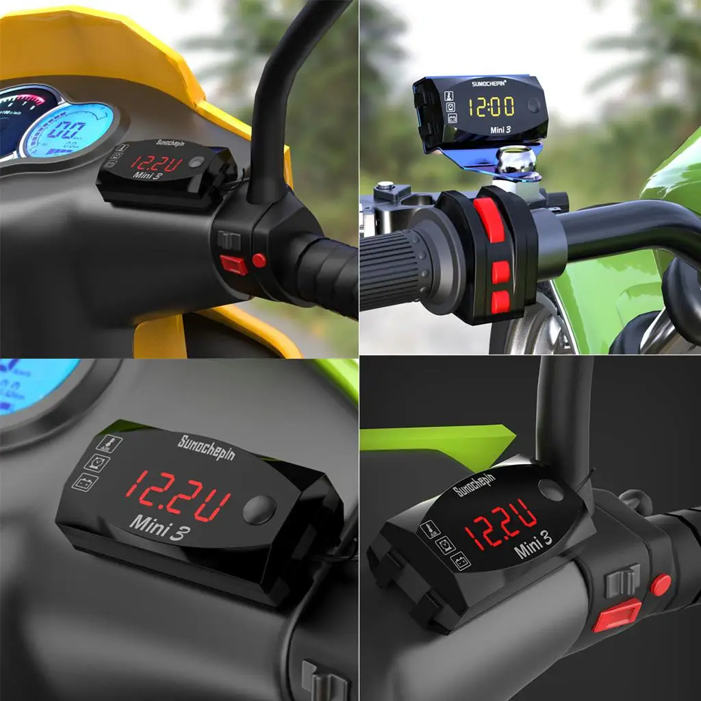 Motorcycle Electronic Digital Time Clock Large Screen Display Thermometer Voltmeter IP67 6V-30V Gauge Meter