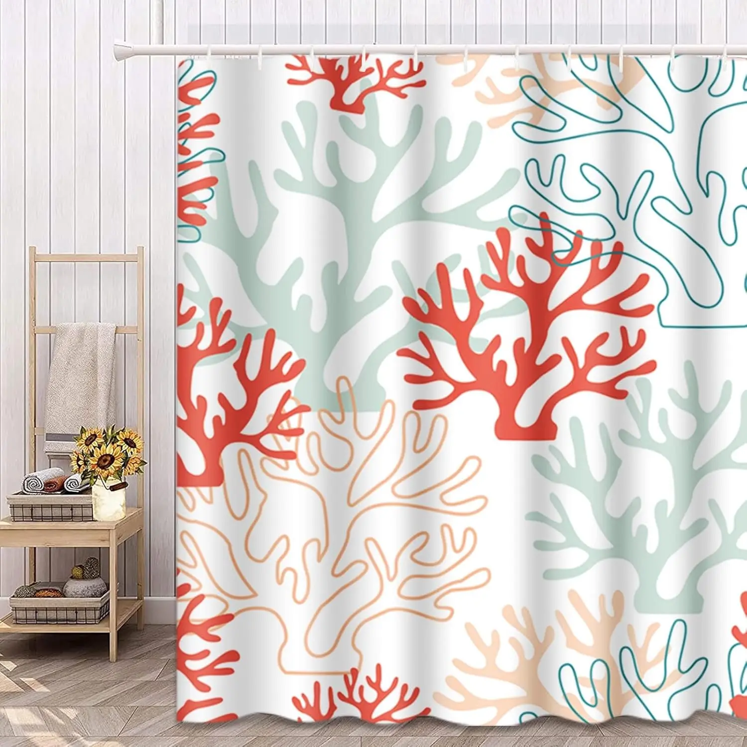 Shower Curtain Pattern Red Pink and Mint Corals Tropical Reef Nautical Waterproof Polyester Fabric 72 x 72 Inches Set with Hooks