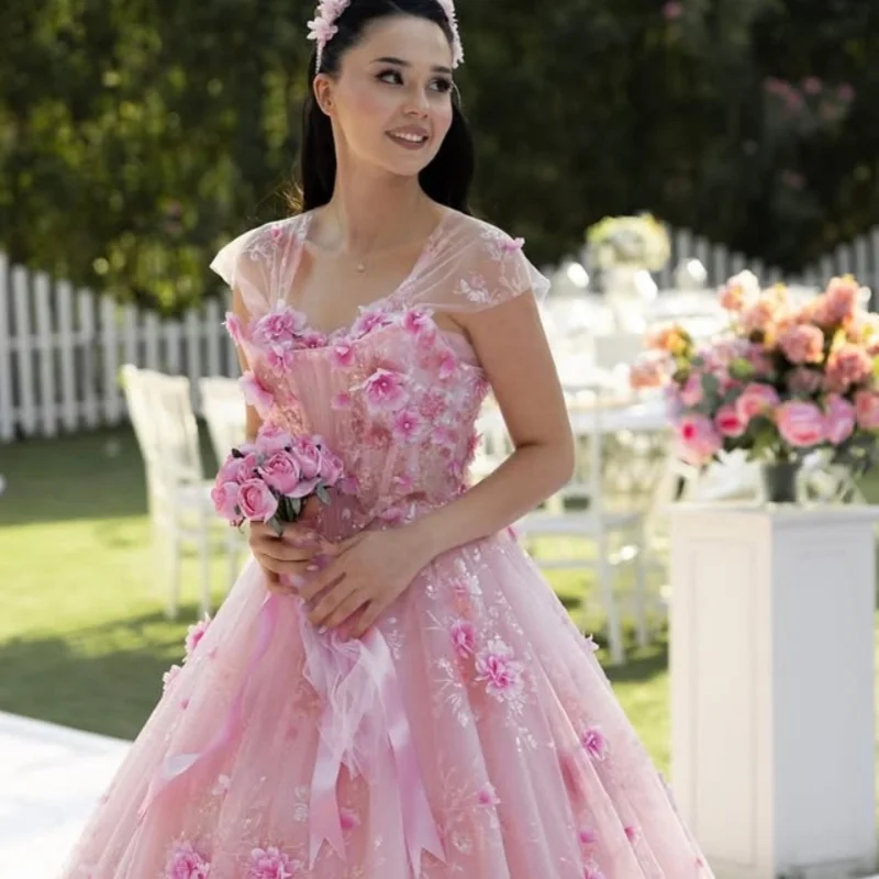 

Customized Shiny Light Champagne Quinceanera Dresses Off the Shoulder sequin 3D flower Long tail Vestido 15 Quinceanera