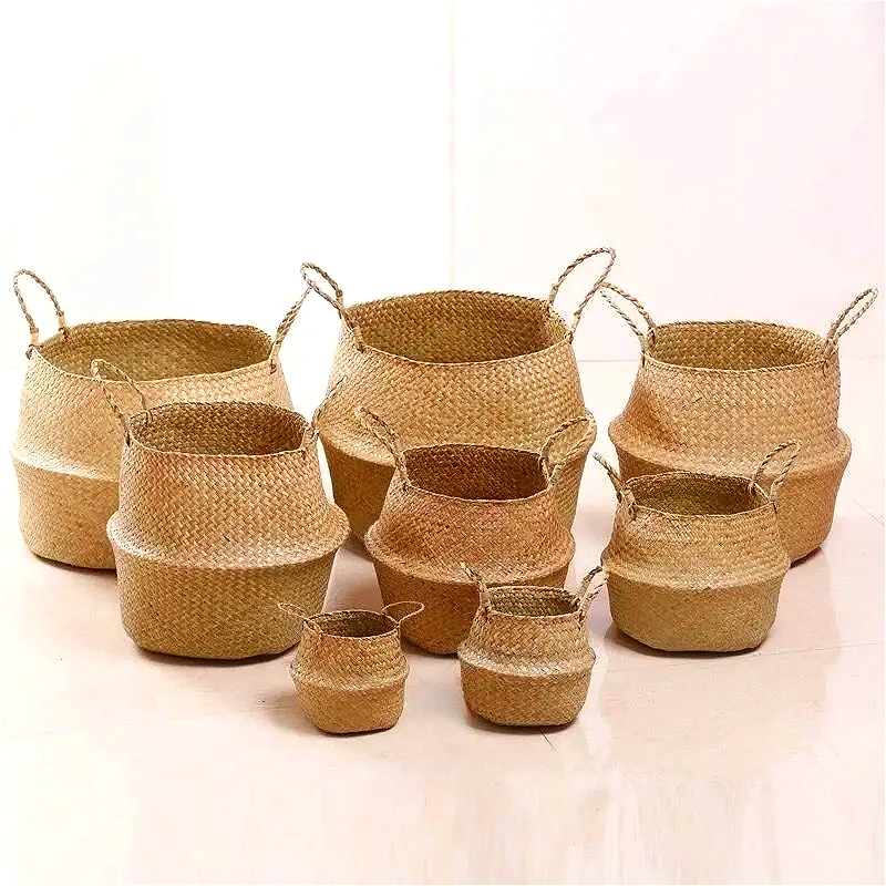 

Wicker Basket Foldable Seagrass Basket Rattan Woven Pot Toy Storage Container Dirty Clothes Organizer for Home Garden Balcony