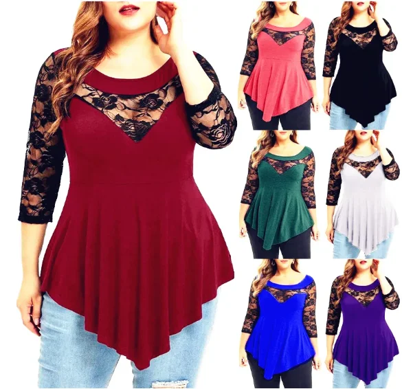 New Summer Fashion Colors Sexy Lace Women Plus Sizes Ruffles Loose Big Large Vintage Fashion Cotton Spring T Shirts Tops Tees