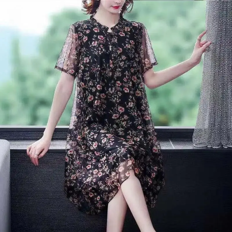 Women Vintage Floral Print Ruffle Lace Up Elegant Party Dresses 2023 Summer Fashion Mesh Short Sleeve Loose Midi Dress Vestidos