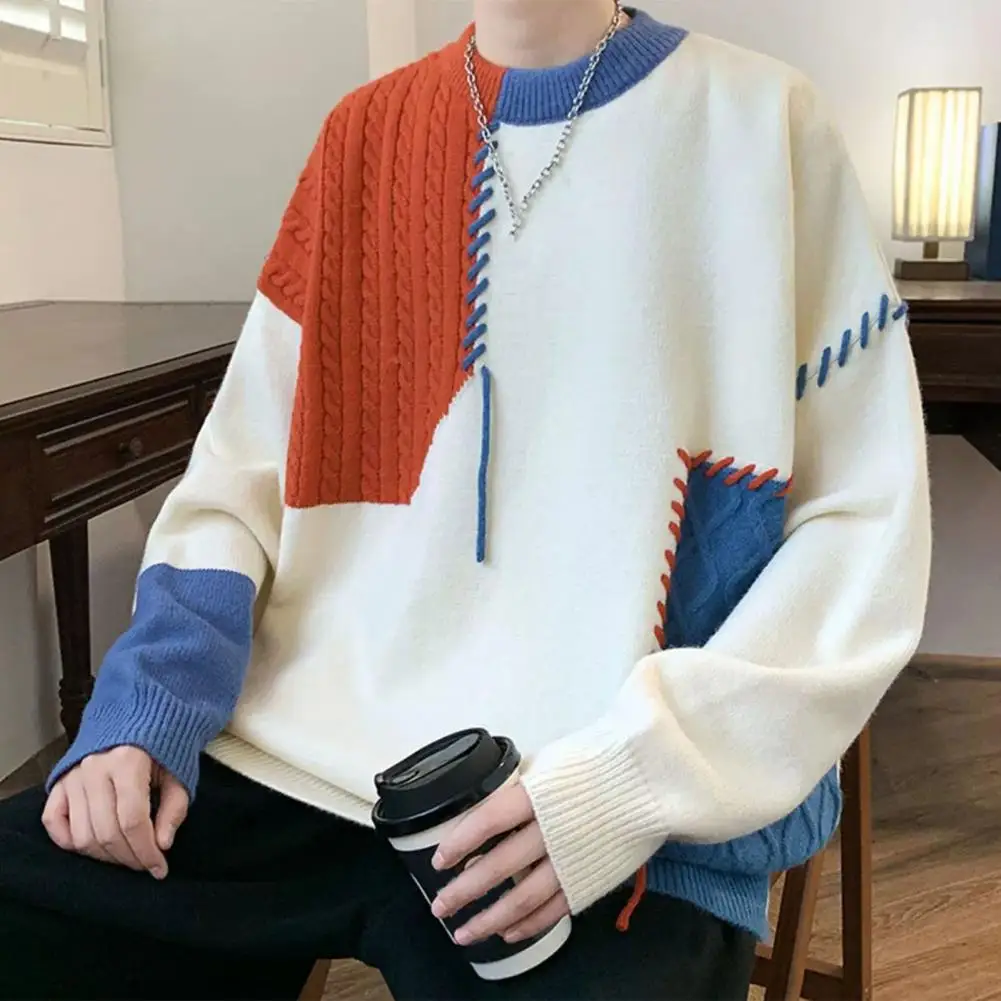 Winter Männer Pullover gestrickt dicke warme lose koreanische Pullover Kontrast farbe Patchwork mittellange Männer Pullover Pullover