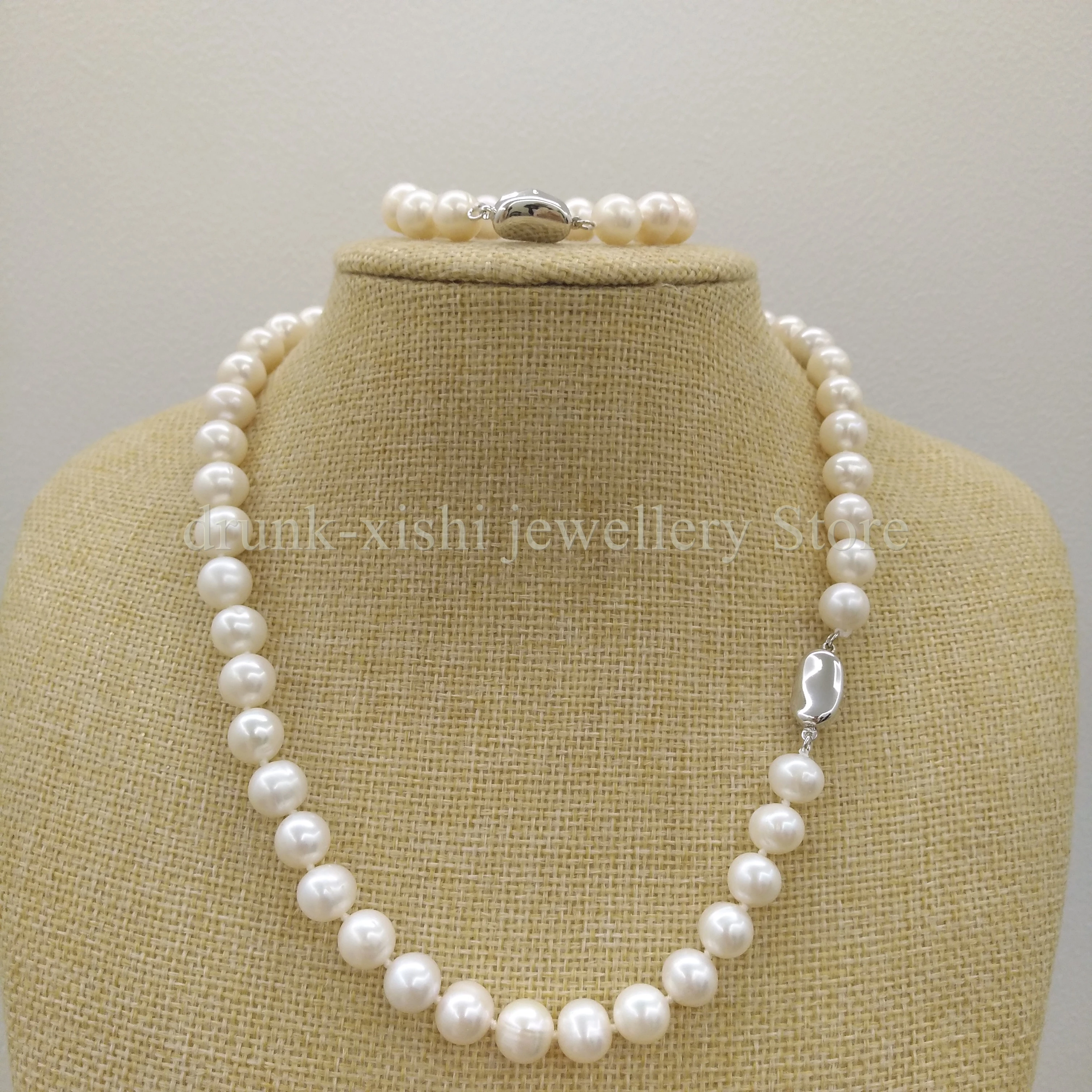 

Set Of Single Strand South Sea 9-10mm White Pearl Necklace S925 18" Bracelet Dainty Tiny Vintage Flower Clasp Free Shipping