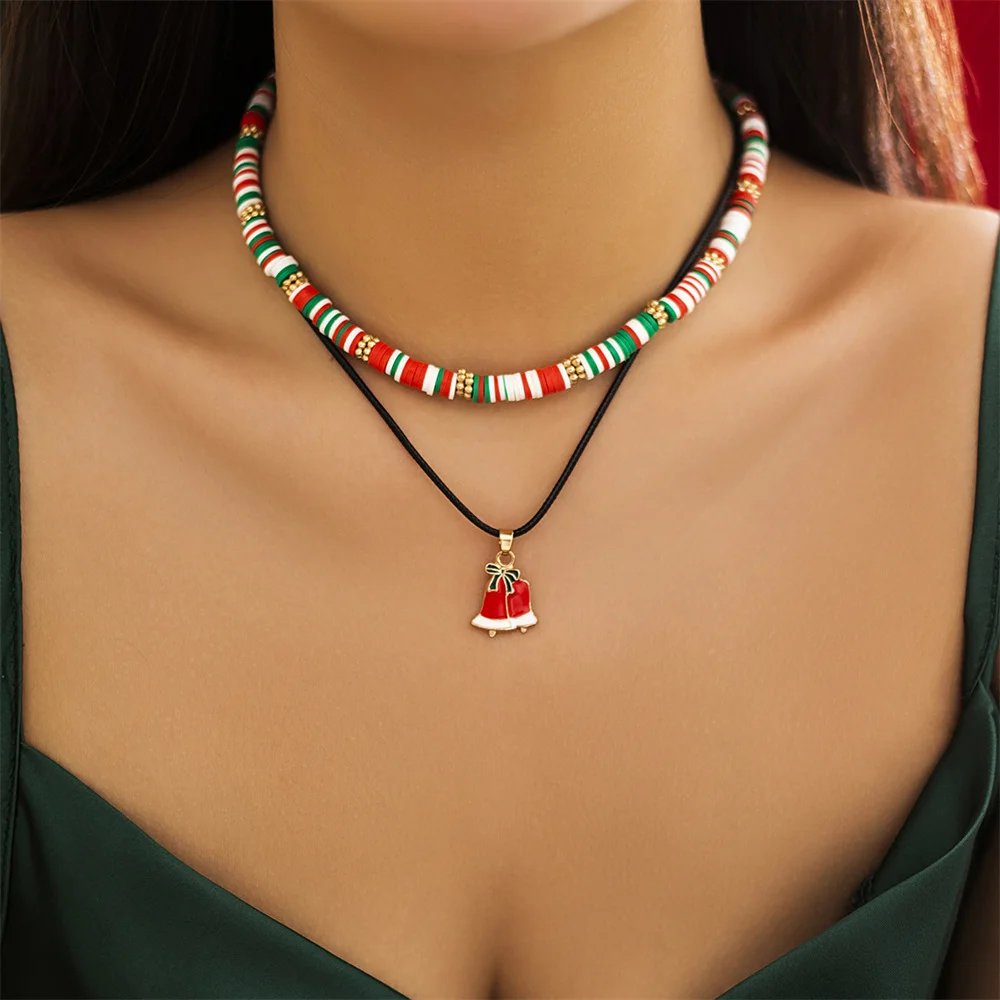 Trendy Christmas Handmade Beads Double Layer Necklace for Women Delicate Party Jewelry Festival Santa Claus Polymer Clay Gift