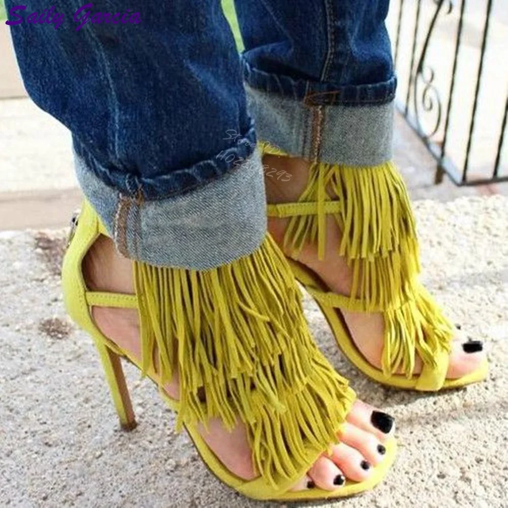 

Retro Fringe Square Toe Sandals Solid Back Zipper Thin High Heel Pumps Fashion Dress Stilettos Shoes 2025 Summer New Women