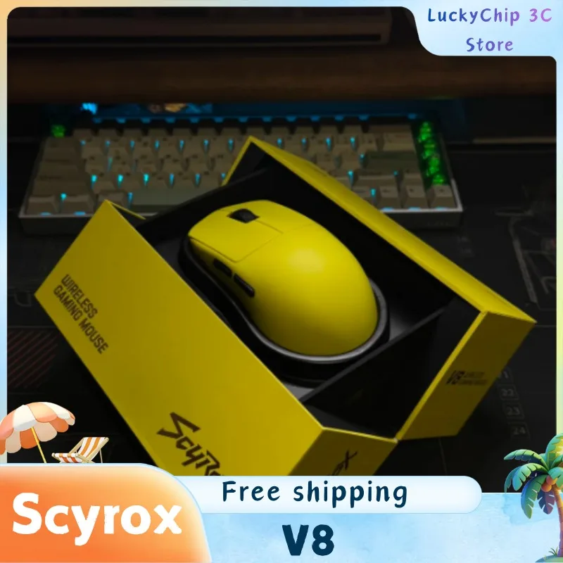 SCYROX V8 Gaming Mouse DPI 750IPS 30K Lightweight 363g 2.4G Wireless S/M Size PAW3950 Nordic52840 with 8K Receiver Web Drive