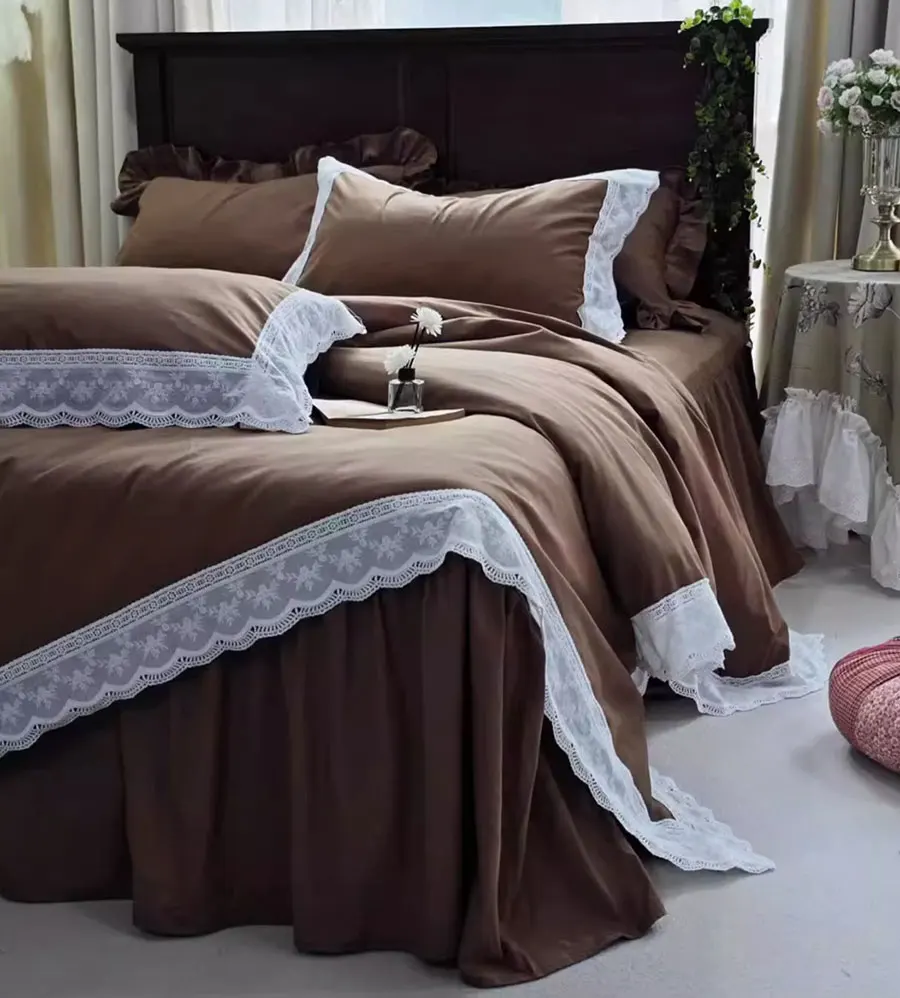 Elegant solid brown coffee bed set,full queen king vintage fairyfair lace otton home textile bedspread pillow case duvet cover