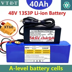 2024 VTET New 48V 40000mAh 1000W 13S3P XT60 18650 Lithium Battery Pack 40AH for 54.6V E-bike E Bicycle Scooter with BMS+charger