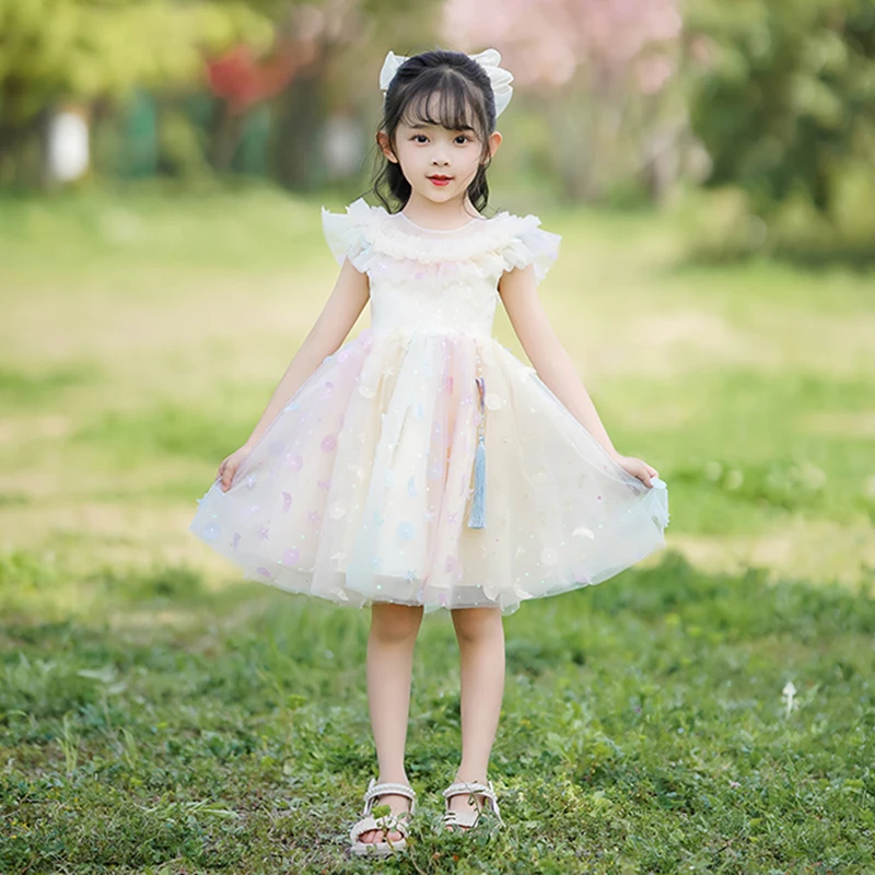 

6843 Summer Princess Dress Children's Wedding Mesh Mid Size Bow Short Sleeve Flower Party Ball Gowns Gauze