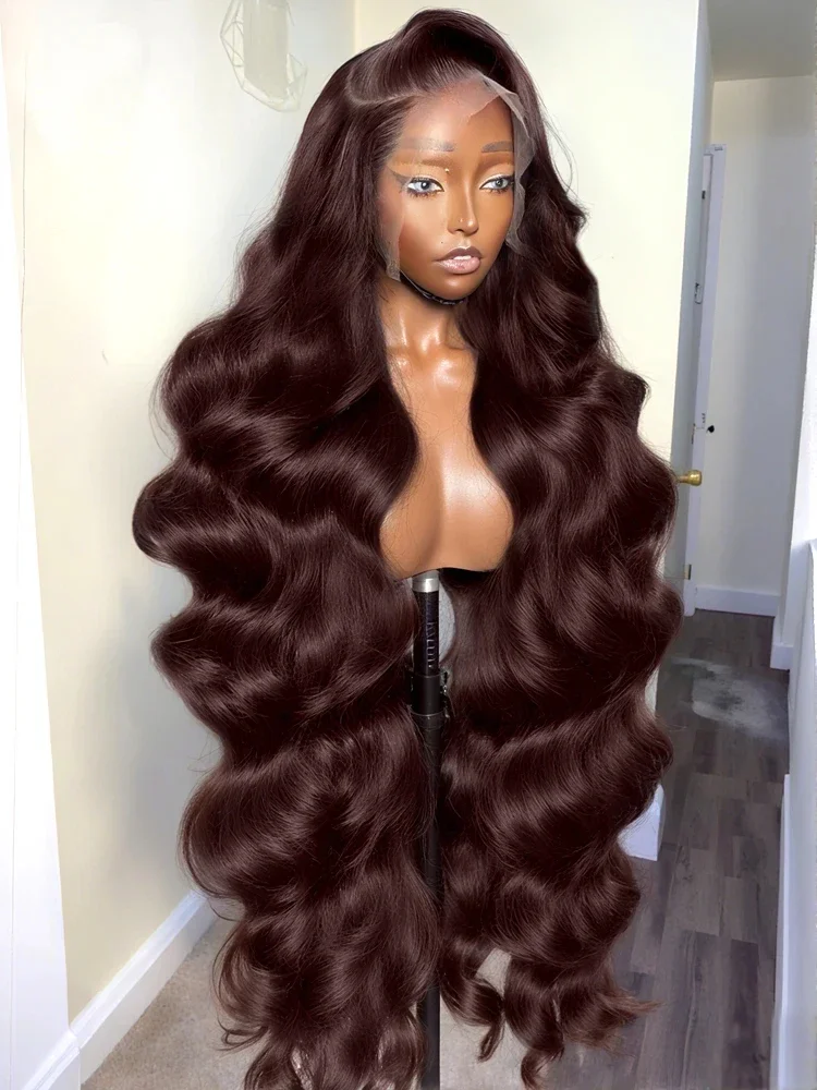 Perruques en cheveux humains de 250 densités, 32 à 36 pouces, brun chocolat, 13x6, dentelle HD frontale, vague corporelle, perruques brunes brésiliennes, dentelle frontale 13x4