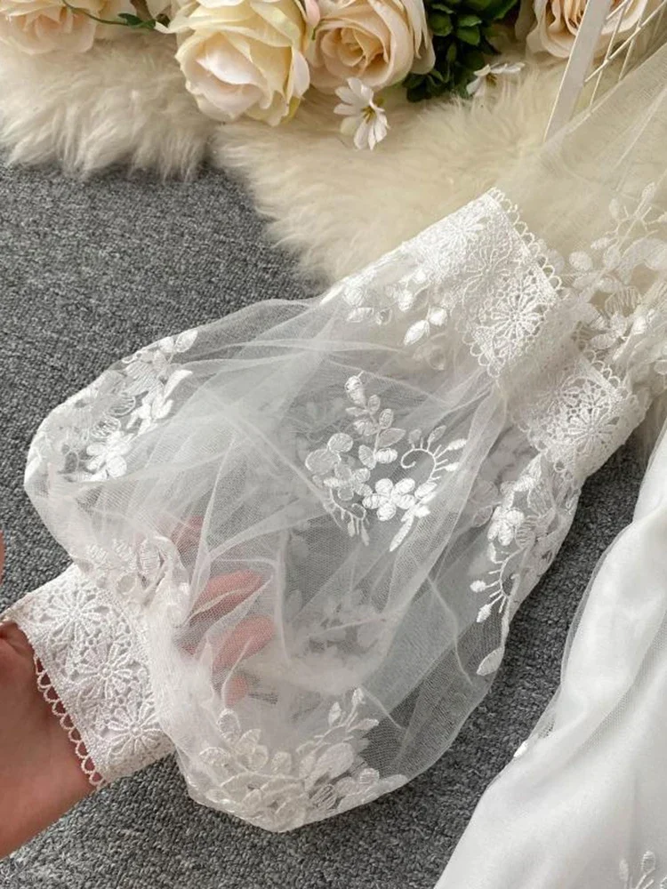 Women French Mesh Lace Blouse Stand Collar Three-dimensional Embroidered Puff Sleeves Court Style Slim Shirt Female Blusa PL610