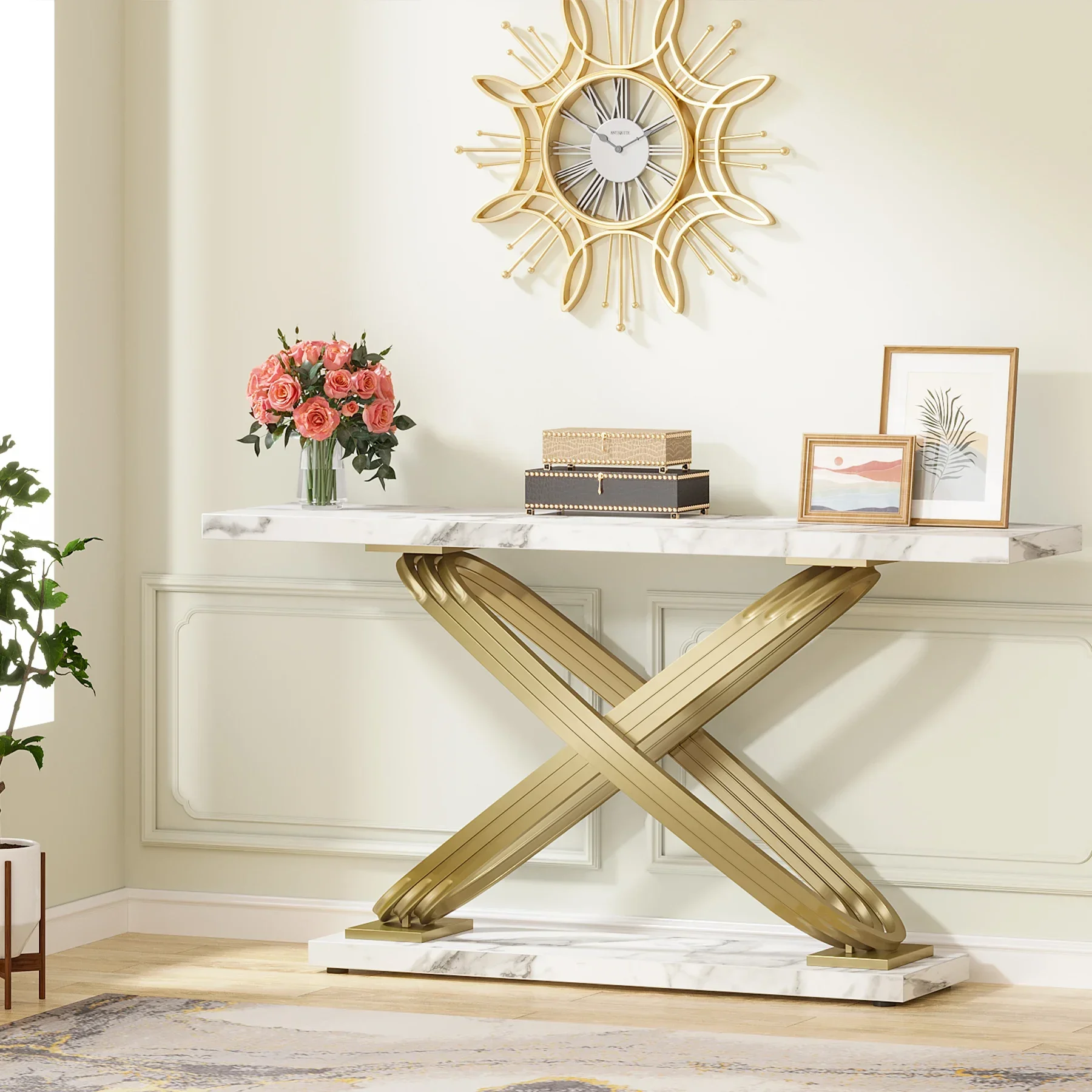 Tribesigns 55 Inch Modern Console Table, Faux Marble Gold Entryway Table Behind Sofa Couch, Narrow Rectangular Sofa Table