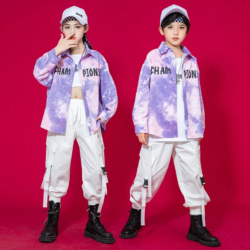 Kids Show Kpop Outfits Hip Hop abbigliamento Tie Dye Print Shirt White Streetwear Cargo Harem Pants For Girl Boy Jazz Dance Costume