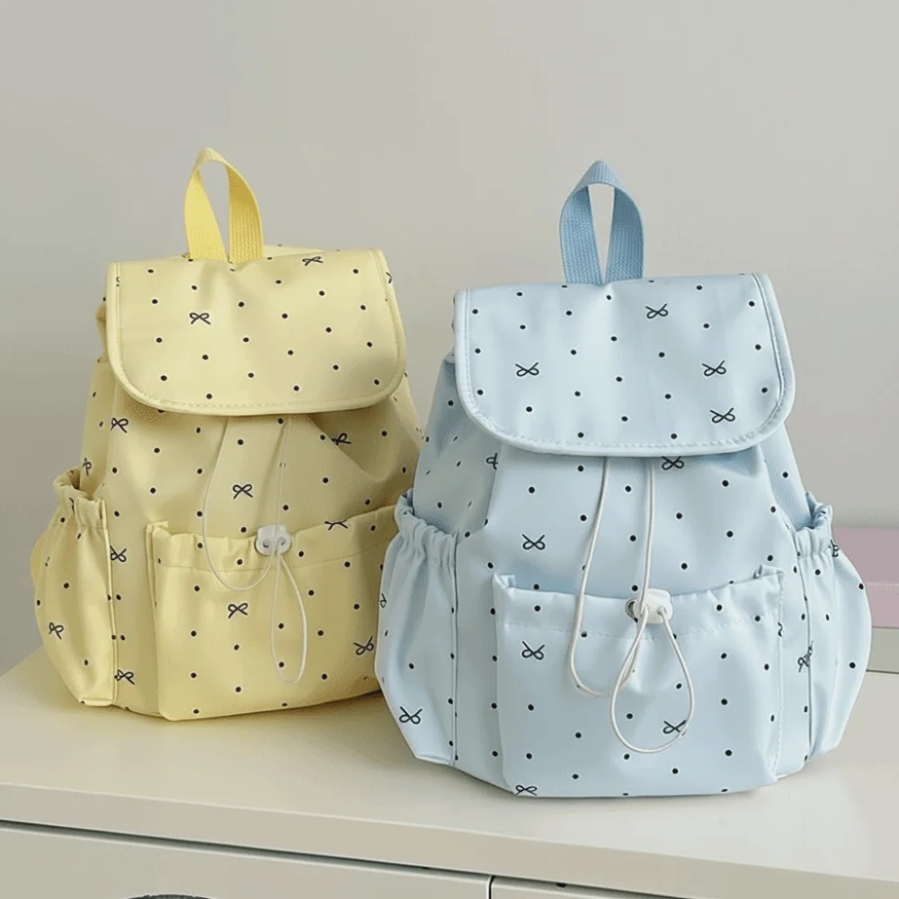 Japanese Style Women's Backpack Large Capacity Drawstring Closure Drawstring Backpack Polka Dot Pattern Preppy Style Bag
