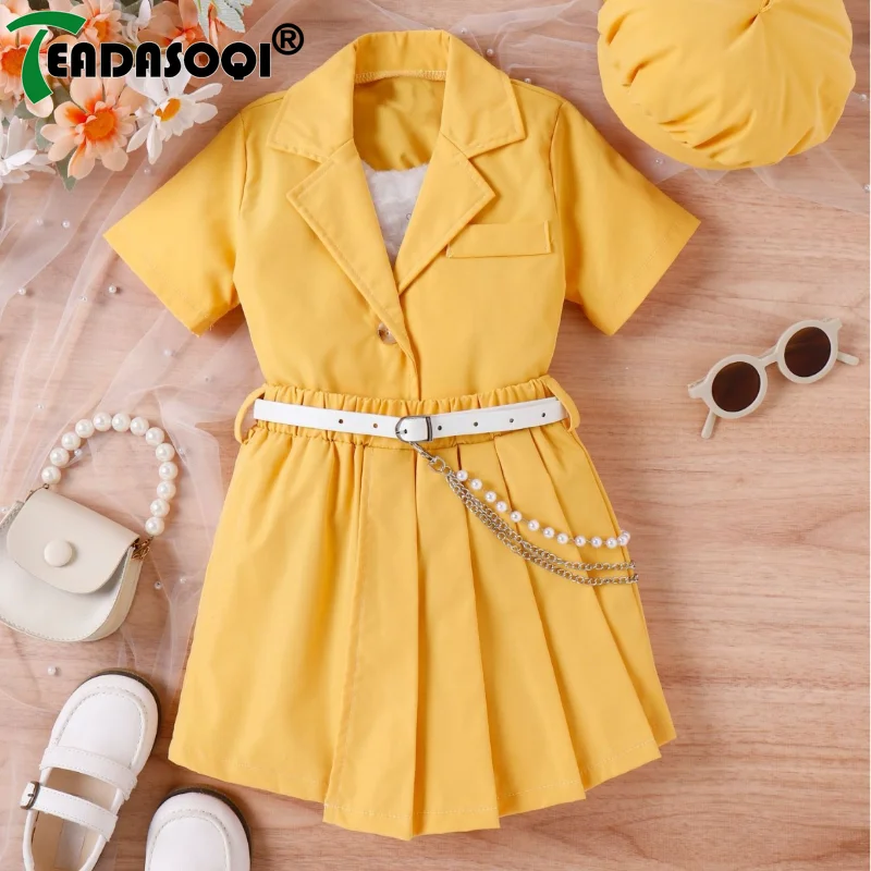 

4-7Y Kids Clothes Girls Suit Short-sleeved Lapel Blazer Top+Pleated Skirt+Beret Hat 2024 Summer Children's Costume 3Pcs Set