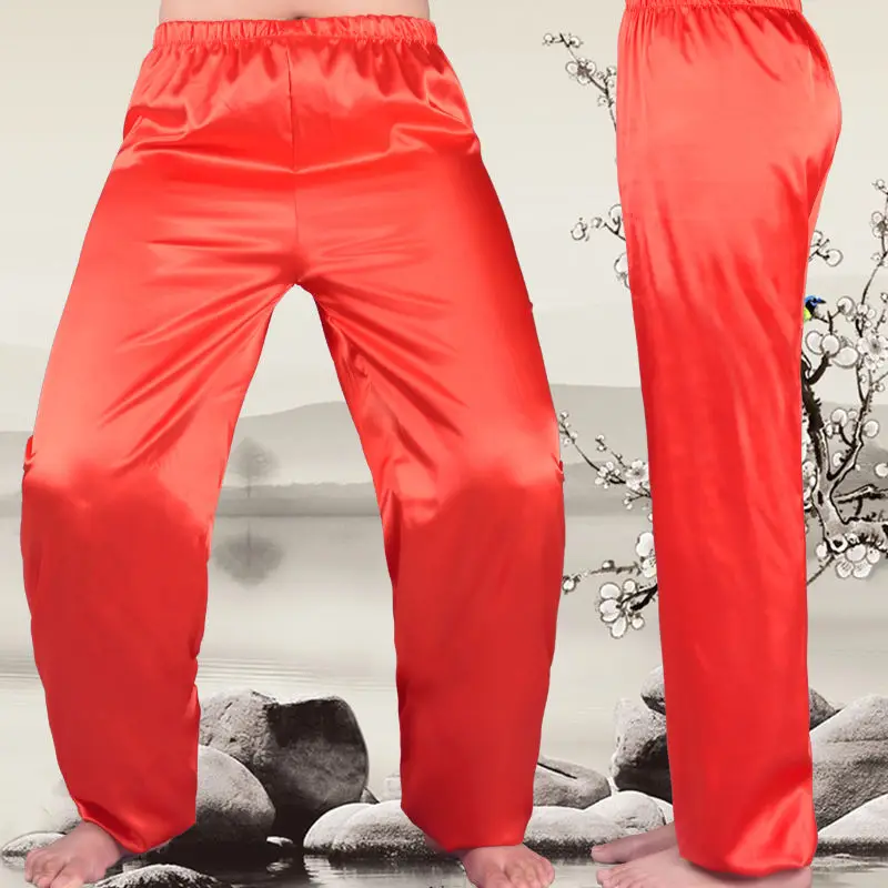 No pockets glossy satin pajamas pants Men silk loose sleeping plus size trousers