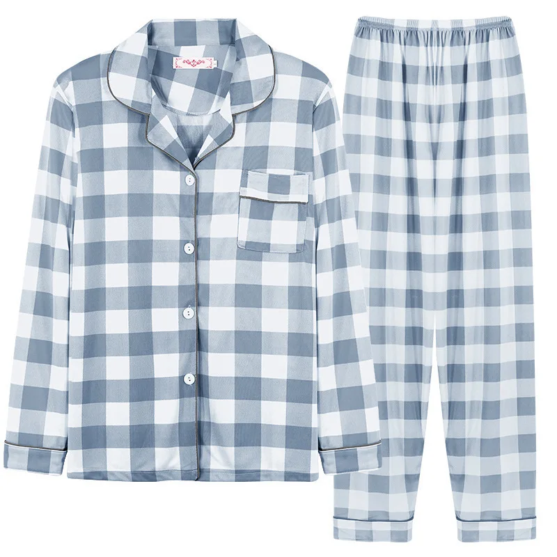 

Women's Pajamas Sets Cardigan Blue Plaid Loungewear Long Sleeve Sleepwear Fall and Winter Casual Fashion Nightwear Homewear