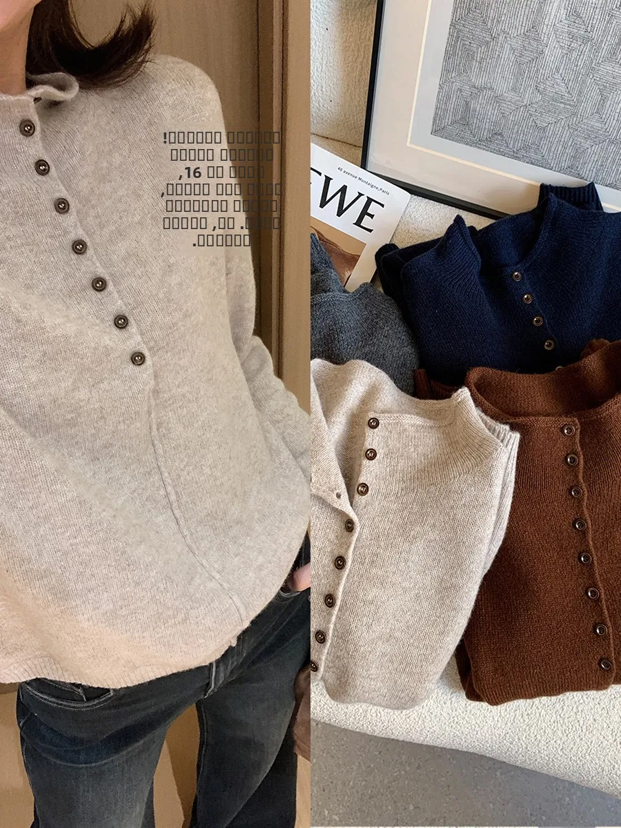 

Ladies' Lazy Knitted Sweater f Buttoned High Collar Sl Inteated 6-Strand Camere Wool Casual Long Sve Top