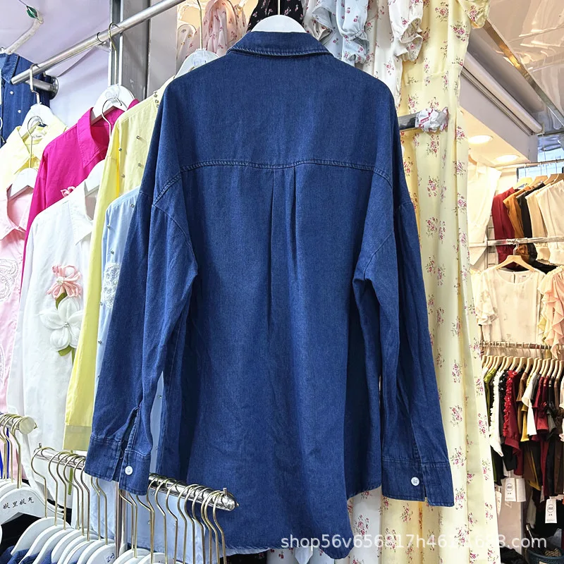 

Unique Design Sense Bead Diamond Loose Long-sleeved Denim Shirt Women's Autumn Versatile Fashion Single-breasted Blouse Top Coat