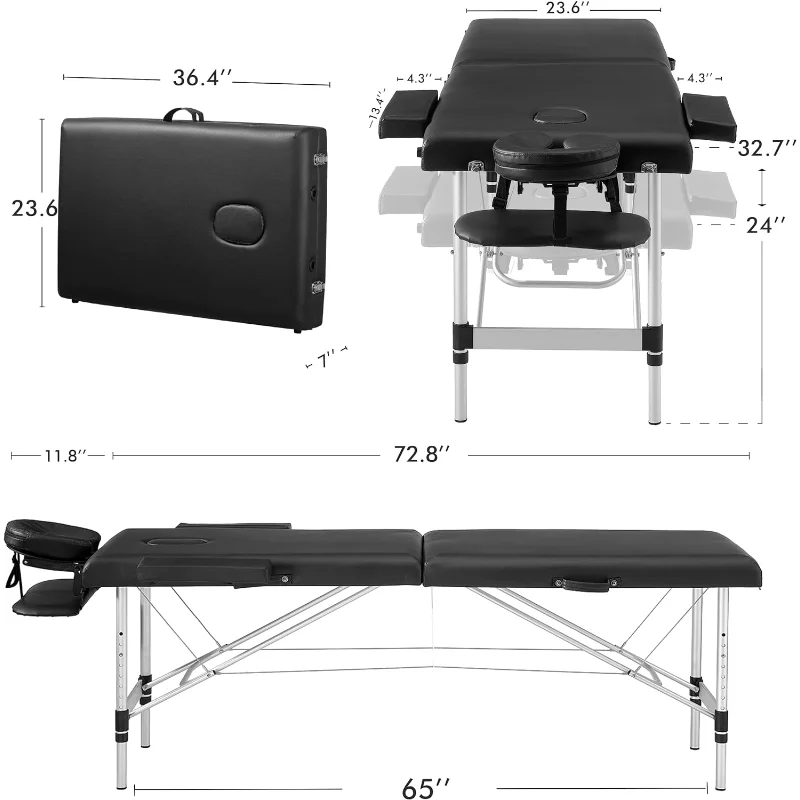 Prilinex Portable Folding Massage Table, 2 Sections Reclining Spa Bed, Aluminum Legs, with Carrying Bag,  24