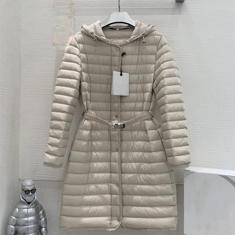 가볍고 흰색의 Du down Puffer Jaet 여성용 루즈핏 중간 길이 허리 조이는 벨트가 있는 후드 다용도 봄 시즌