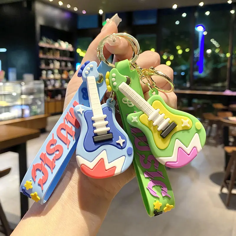 Cute Guitar PVC Keychain Bag Charms for Women Creative Rock Music Silicone Keyring Pendant Jewelry Accessories Gifts