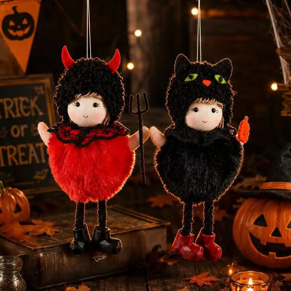 Thick Soft Halloween Doll Halloween Plush Witch Doll Halloween Hanging Plush Witch Doll with Lanyard Furry Pom Pom for Doors