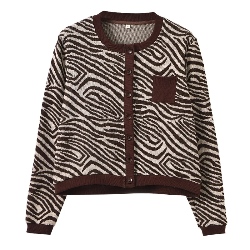 Zebra Pattern Cropped Cotton Cardigan Women Jacquard Animal Knitted Cardigans