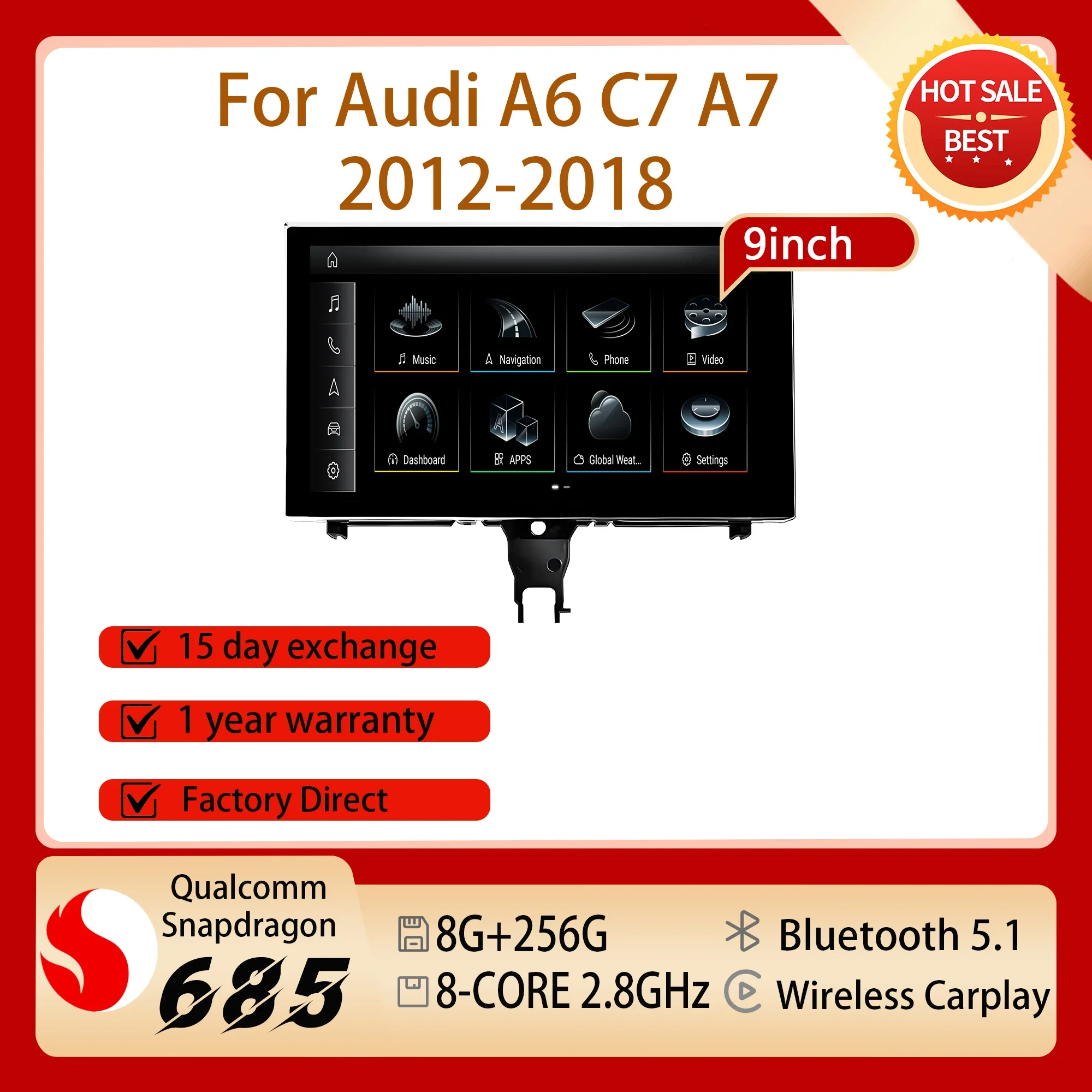9 inch Split Screen Wireless Carplay For Audi A6 C7 A7 2012 - 2018 Bluetooth Android 14 Car Radio Multimedia GPS Navigation