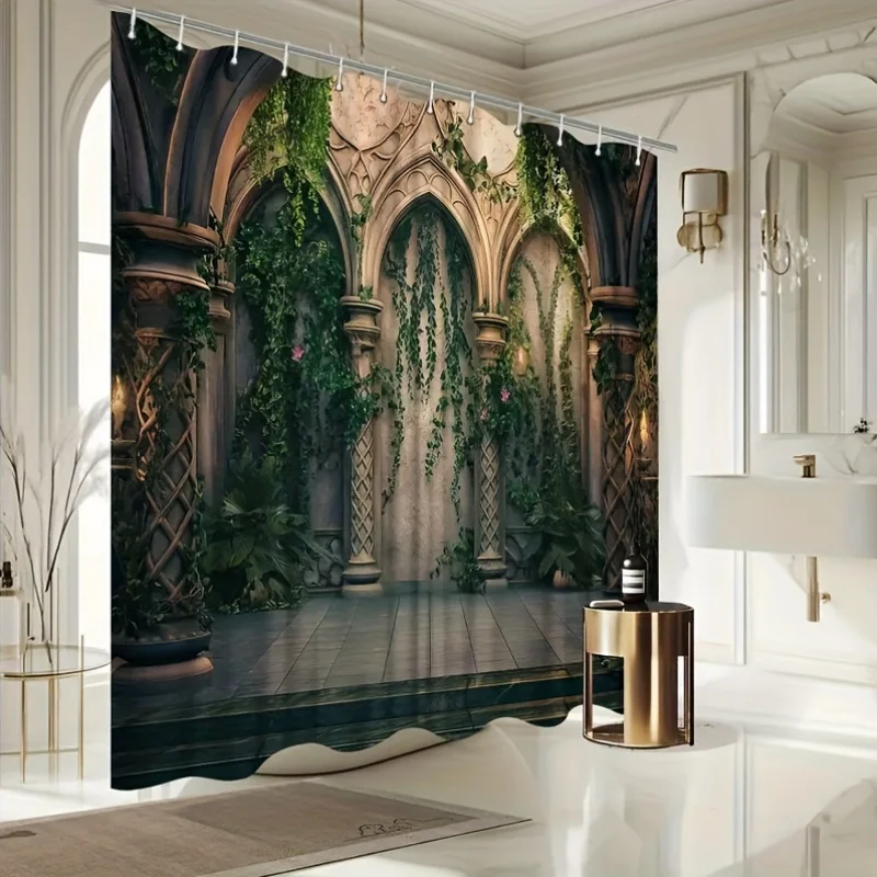 Gothic Ruins Shower Curtain, Overgrown Ivy Archway Print Waterproof Bathroom Decor Dark Fantasy Medieval Castle Home Bath Screen