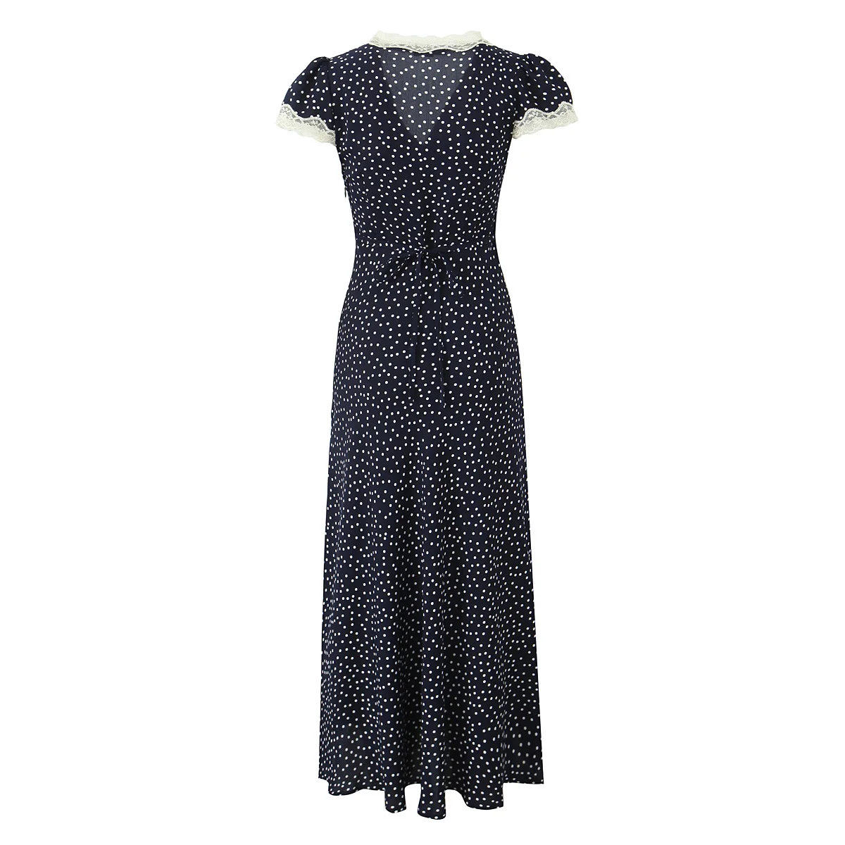 2025 Retro French Style Navy Blue Polka Dot Print Spliced Lace V neck Women Midi Dress Puff Sleeve Sashes Tea Dresses Robe Femme