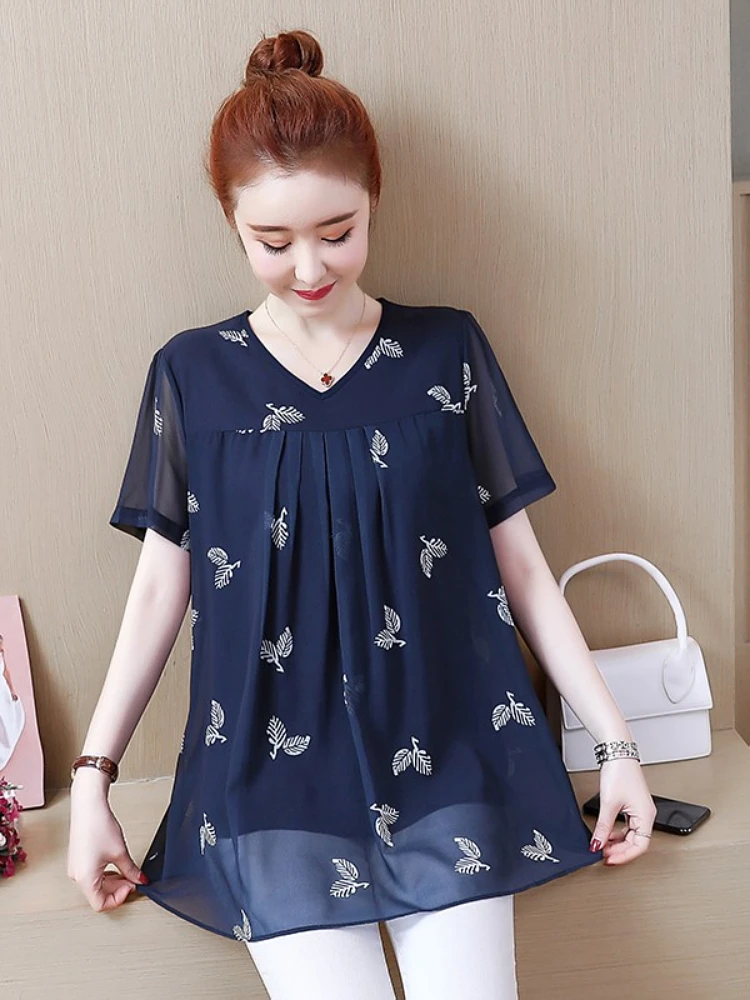 

Floral Print Loose V-Ne Midi Dr for plus Size Women Faionable Summer New Arrival Chiffon Top Cover Belly Korean Sle