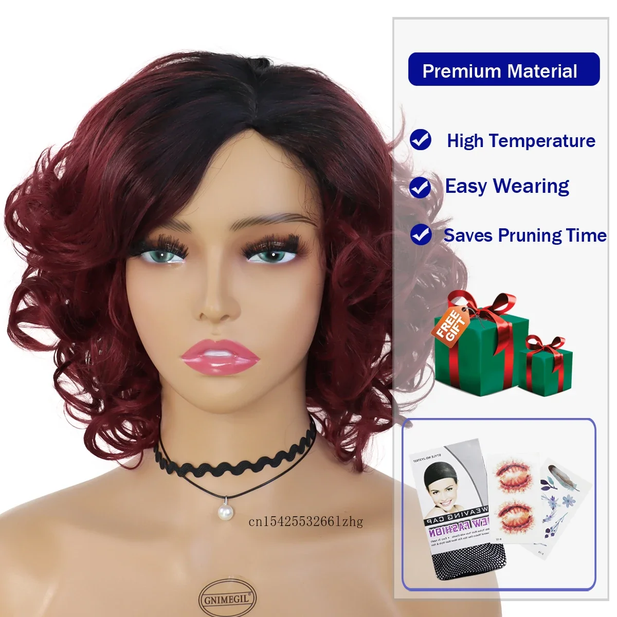 GNIMEGIL الاصطناعية الشعر المرأة شعر مستعار قصير مجعد الأم شعر مستعار النبيذ الأحمر بورجوندي خمر تصفيفة الشعر الباروكات غير رسمية مع الانفجارات الجانبية سحب