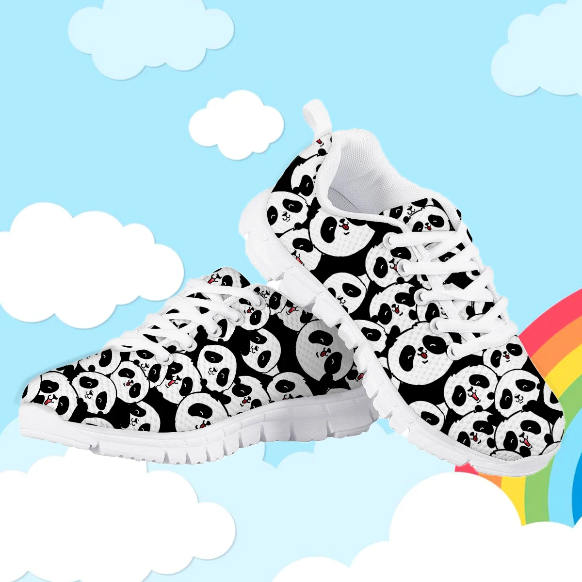 Black White Panda Cartoon Pattern Lace up Flat Shoes for Kids Lightweight Mesh Sneakers Teen Girls Kids Pattern Sport Shoes 2023