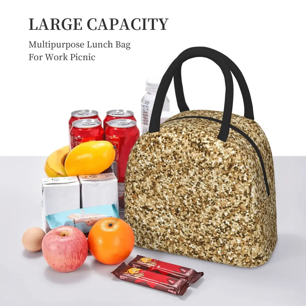 Black And Gold Glitter Pattern Insulated Lunch Bag for Women Office Cooler Thermal Food Box Tote Portable Lunch Boxes Container