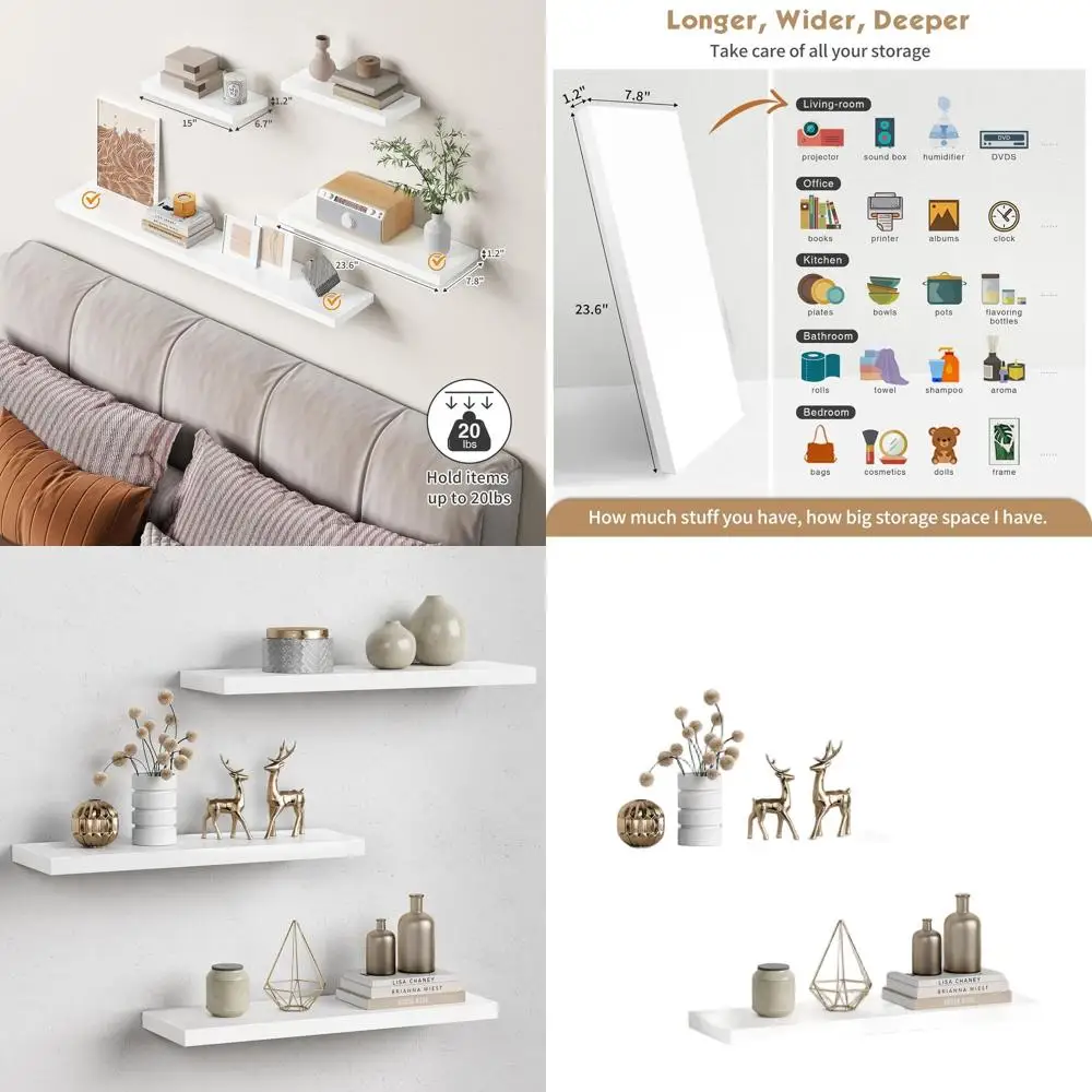 

Set of 3, 24 Long Deep Wall Shelves for Home Storage - Ideal for Bedroom, Bathroom, Office, and Kitchen