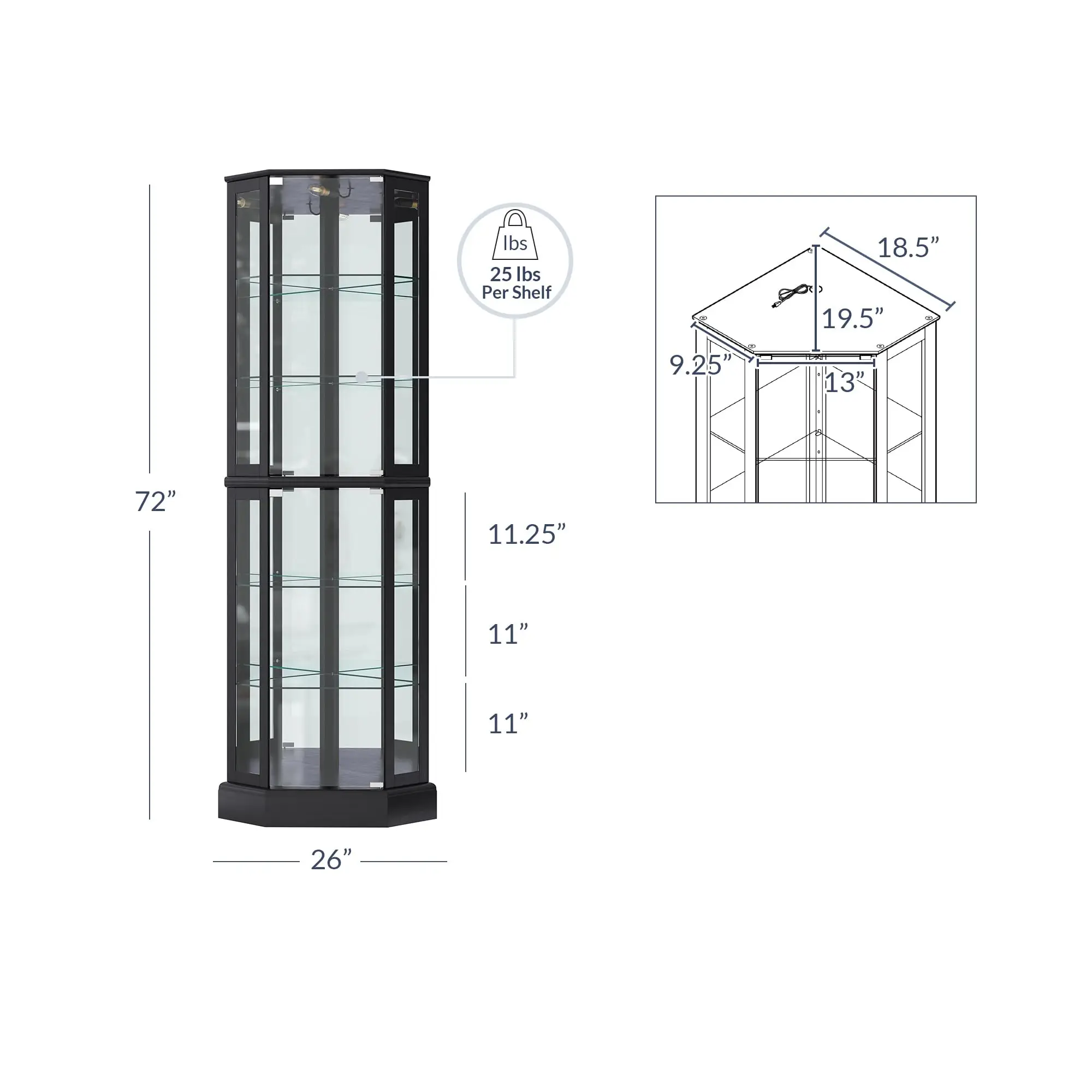 Lighted 3-Side Glass Display Curio Cabinet with Tempered Glass Doors and Shelves, Curved Wood Corner Cabinet with Bulb